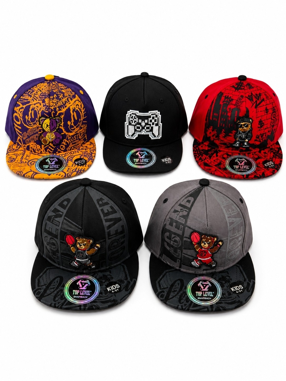 Top Level Kids Snapback Hat Bundle Lot of 5 NWT Adjustable 4-9Y embroidered
